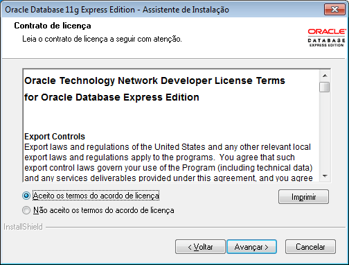 aceitar os termos de licença do OracleXE