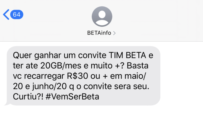 TIM Beta convite pré-pago